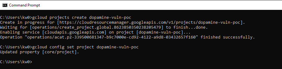 GCP project creation terminal