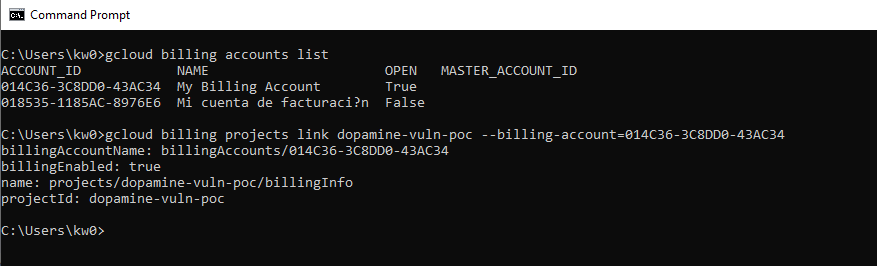 GCP billing projects link terminal