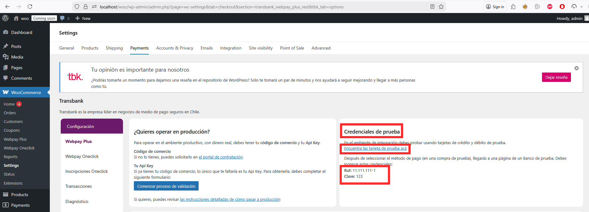 Transbank test environment configuration